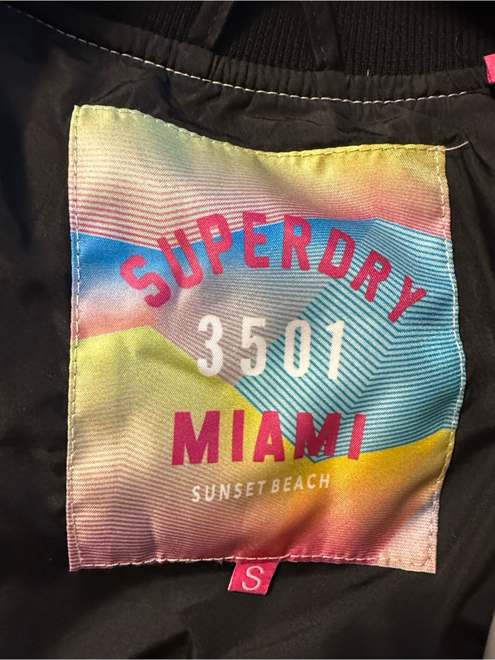 Two-Tone Satin Bomber Jacket Embroidered Palm Ave South Beach Cream Black Sz 6 - Picture 8 of 8